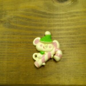 Vintage Avon Kid's Pink, White & Green Christmas Mouse Pin Brooch Candy Cane
